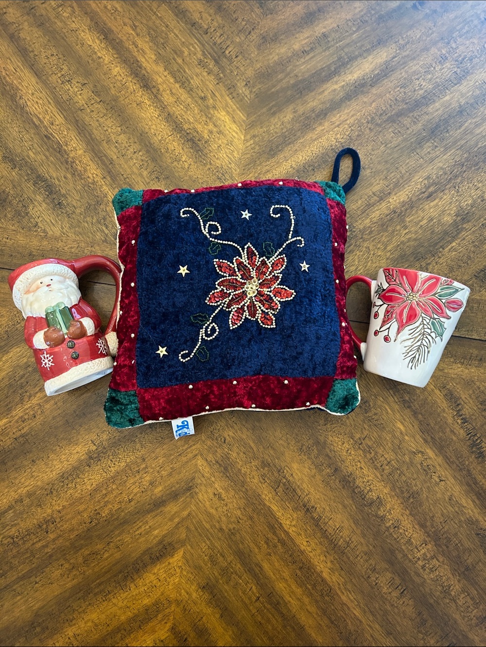 Holiday Poinsettia Embroidered Velvet Throw Pillow with 2 NWT Christmas mugs